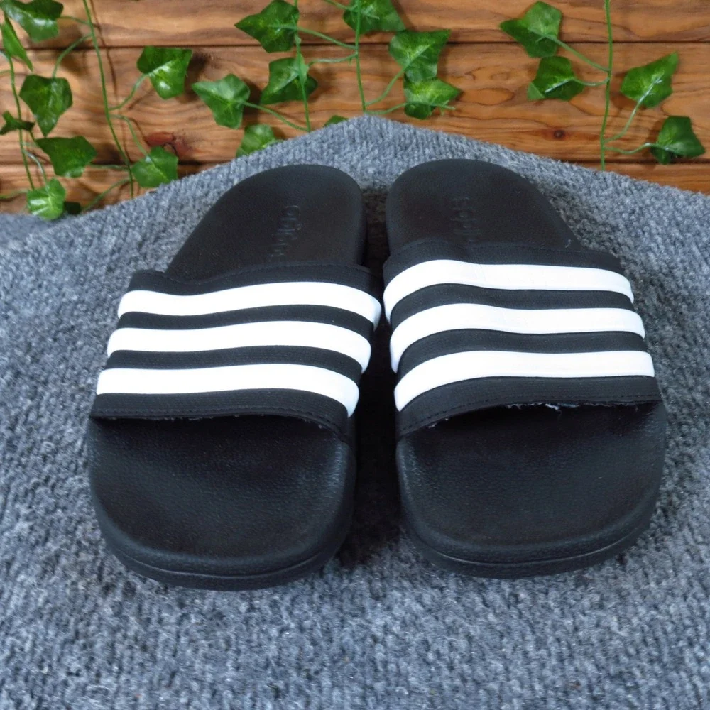 Adidas Adilette Shower Kids Slides Size 4 Pool Gym Sandals Black White Synthetic